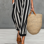 Women's Minimalist Black And White Striped Knitted Sheer Jumpsuit