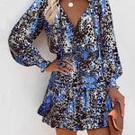 A-Line Long Sleeves Contrast Color Leopard Pleated Split-Joint Tied V-Neck Mini Dresses