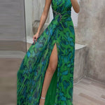 Sleeveless Leopard Pleated Split-Side One-Shoulder Evening Maxi Dresses