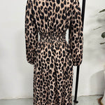 Elasticated Waist High Waisted Contrast Color Leopard Pleated Split-Joint V-Neck Maxi Dresses