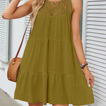 Loose Sleeveless Hollow Pleated Solid Color Split-Joint Round-Neck Mini Dresses