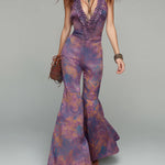 Retro-print Jumpsuit With Ruffled Neckline And Flared Legs