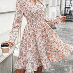 A-Line Long Sleeves Elasticity Flower Print V-Neck Midi Dresses