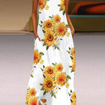 A-Line Loose Contrast Color Pockets Printed Split-Joint V-Neck Maxi Dresses
