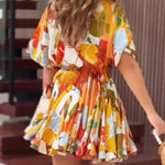 Unique Printed Round Neck Short Sleeve Waist Tie Vacation Mini Dress