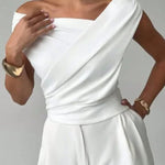 Short Sleeves Skinny Asymmetric Pleated Solid Color Split-Joint Asymmetric Neckline T-Shirts Tops