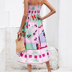 High Waisted Sleeveless Pleated Printed Split-Joint Collarless Midi Dresses Slip Dress