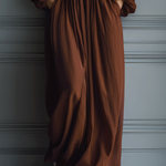Women's Chocolate Brown Cotton And Linen Off-the-shoulder V-neck Long Dress