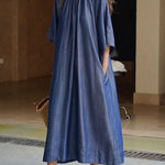 Loose Raglan Sleeve Drawstring Lace-Up Pleated Solid Color Round-Neck Midi Dresses
