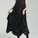 Loose Sleeveless Asymmetric Elasticity Pleated Solid Color Round-Neck Midi Dresses