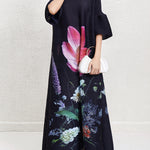A-Line Flared Sleeves Flower Print Pleated V-Neck Maxi Dresses