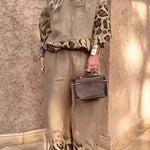 Leopard Print Crew Neck Loose Top and Elastic Waist Casual Wide-leg Pants Set
