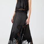 Modern Muse Satin Lace Trim Pleated Neck Top and A-line Irregular Slit Skirt Set
