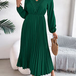 Elasticated Waist High Waisted Pleated Solid Color V-Neck Midi Dresses
