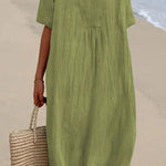 Loose Short Sleeved Solid V-Neck Dress