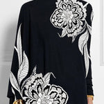 Batwing Sleeves Loose Asymmetric Floral Printed Split-Joint High Neck T-Shirts