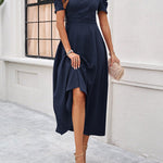A-Line High Waisted Pleated Solid Color Zipper V-Neck Maxi Dresses