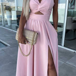 Deep V hollow large skirt slit suspender dress