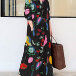 Long Sleeves Loose Buttoned Pockets Printed Lapel Maxi Dresses Shirt Dress