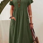 High Waisted Loose Pleated Pockets Solid Color Split-Joint Round-Neck Midi Dresses