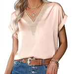 Zeagoo Women's T-Shirt Satin Blouse Lace V-Neck Shirt (DE Only)