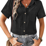 Zeagoo Womens Button Down Linen Shirt Short Sleeve Cotton Blouse