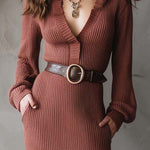 Ribbed Knit Maxi Dress With Deep V Collar And Leather Belt