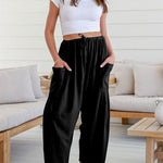 Column Loose Elasticity Pockets Solid Color Casual Pants Bottoms Trousers