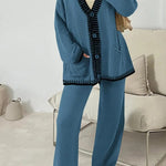 Fashion Casual Knitted Long Sleeve Pocket Cardigan and Elastic Waist Loose Wide Leg Pants Set