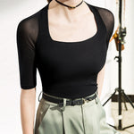 Simple Solid Color Square-Neck Half Sleeves Shirt