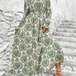 Loose Puff Sleeves Elasticity Printed Split-Joint V-Neck Maxi Dresses