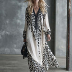 Retro Fashion Flowing V-neck Black Leopard Print White Chiffon Maxi Dress