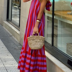 Casual Red Striped Loose Backless Long Dress