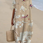 Women's Japanese Art Floral Bird Print Pocket Linen Dress(Convertible Dress With Front And Back Option)
