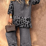 Leopard Print Crew Neck Loose Top and Elastic Waist Casual Wide-leg Pants Set