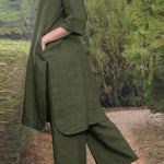Cotton and linen V-neck 3/4 sleeve wide brimmed pants 2-piece set