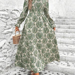 Loose Puff Sleeves Elasticity Printed Split-Joint V-Neck Maxi Dresses