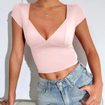Zeagoo Womens Sexy Deep V Neck Tops Short Sleeve Shirts