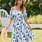 Zeagoo Womens Casual Dress Square Neck Puff Sleeve Boho Dress