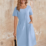Zeagoo Womens Midi Dress Short Sleeve A-Line Cotton Linen Dress