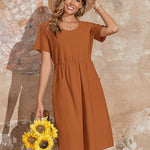 Zeagoo Womens Midi Dress Short Sleeve A-Line Cotton Linen Dress