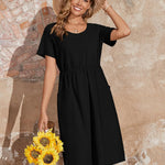 Zeagoo Womens Midi Dress Short Sleeve A-Line Cotton Linen Dress