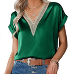 Zeagoo Women's T-Shirt Satin Blouse Lace V-Neck Shirt (DE Only)