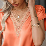 Zeagoo Women's T-Shirt Satin Blouse Lace V-Neck Shirt (DE Only)