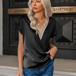 Zeagoo Women's T-Shirt Satin Blouse Lace V-Neck Shirt (DE Only)