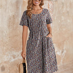 Zeagoo Womens Midi Dress Short Sleeve A-Line Cotton Linen Dress