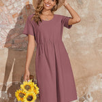 Zeagoo Womens Midi Dress Short Sleeve A-Line Cotton Linen Dress