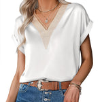 Zeagoo Women's T-Shirt Satin Blouse Lace V-Neck Shirt (DE Only)