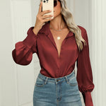 Zeagoo Womens Satin Blouse Lantern Long Sleeve Silk Shirt