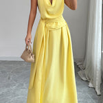 High Waisted Sleeveless Pleated Solid Color Tied Waist Halter-Neck Midi Dresses